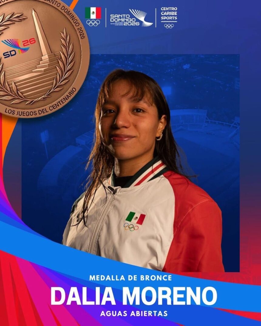 Dalia Berenice Moreno Velasco, atleta mexicana de Aguascalientes, tras ganar medalla de bronce en aguas abiertas en Santo Domingo 2026