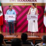 Marina del Pilar Avila Olmeda durante conferencia en Ensenada sobre el retiro de armas de fuego en Baja California