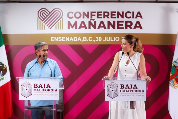 Marina del Pilar Avila Olmeda durante conferencia en Ensenada sobre el retiro de armas de fuego en Baja California
