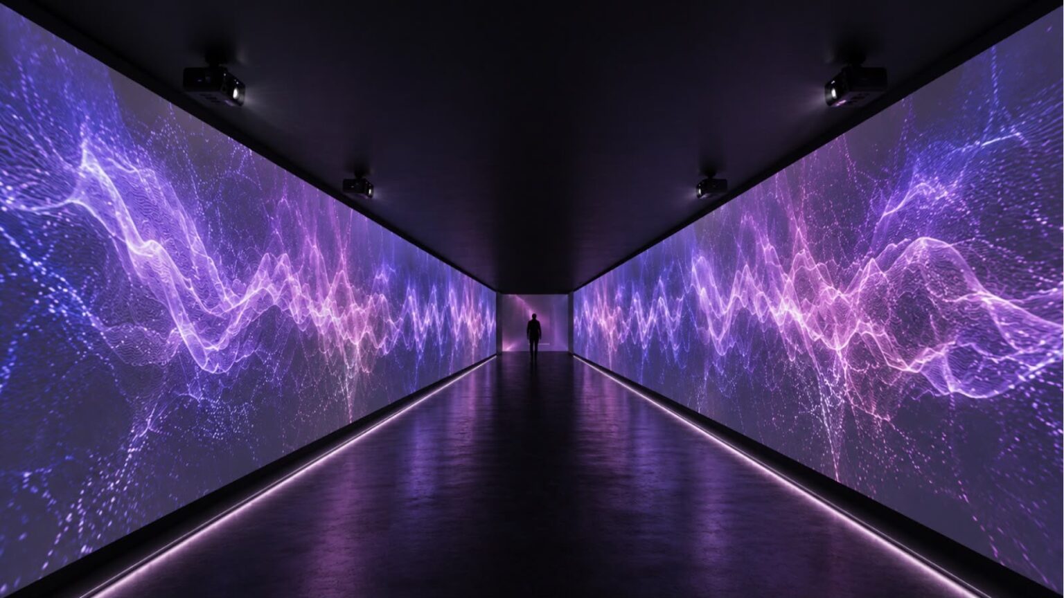 Túnel inmersivo de videomapping con proyecciones digitales en tonos morados para Fenapo 2026