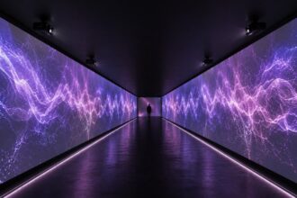 Túnel inmersivo de videomapping con proyecciones digitales en tonos morados para Fenapo 2026