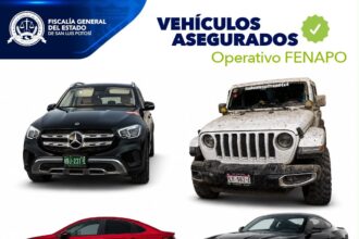 Imagen institucional de la Fiscalía General del Estado de San Luis Potosí sobre vehículos asegurados durante el operativo FENAPO 2026.