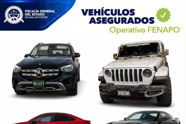 Imagen institucional de la Fiscalía General del Estado de San Luis Potosí sobre vehículos asegurados durante el operativo FENAPO 2026.