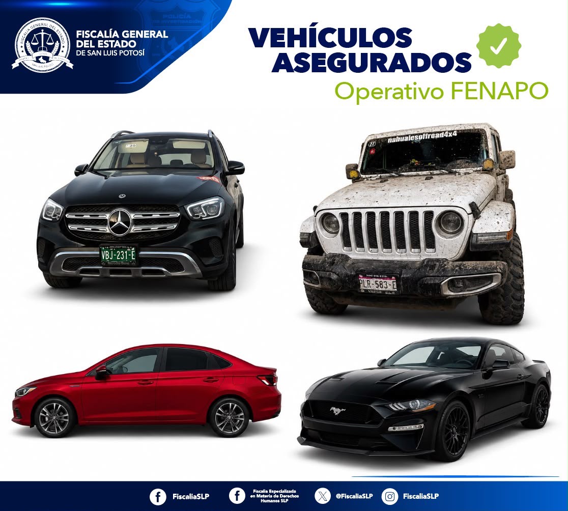 Imagen institucional de la Fiscalía General del Estado de San Luis Potosí sobre vehículos asegurados durante el operativo FENAPO 2026.