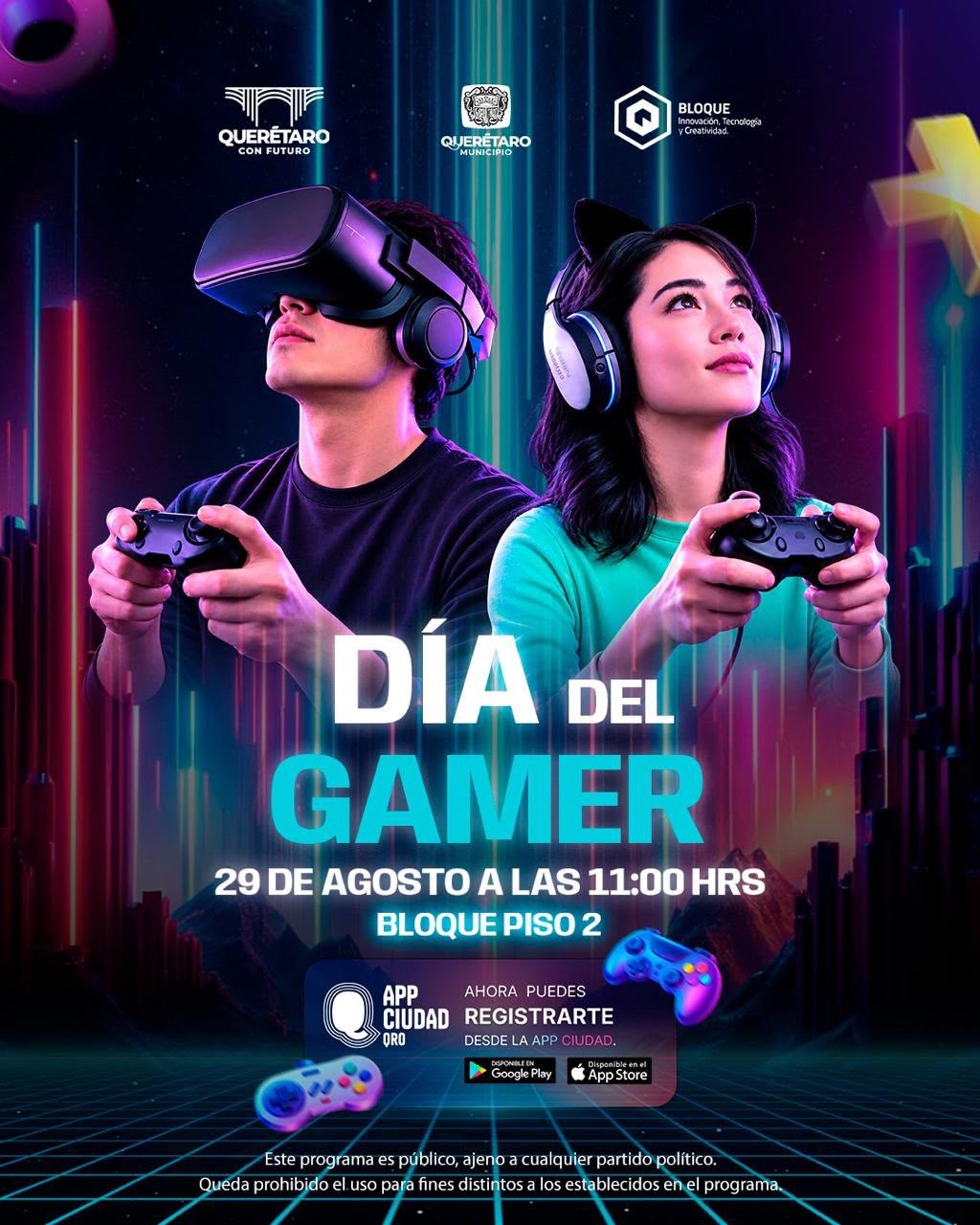 Cartel del Día del Gamer en BLOQUE, actividad del Municipio de Querétaro para cerrar el Mes de la Juventud con videojuegos, esports y cultura geek.