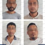 Imagen difundida por la FGESLP de cuatro hombres señalados por una investigación, con los rostros difuminados y la leyenda de presunción de inocencia.