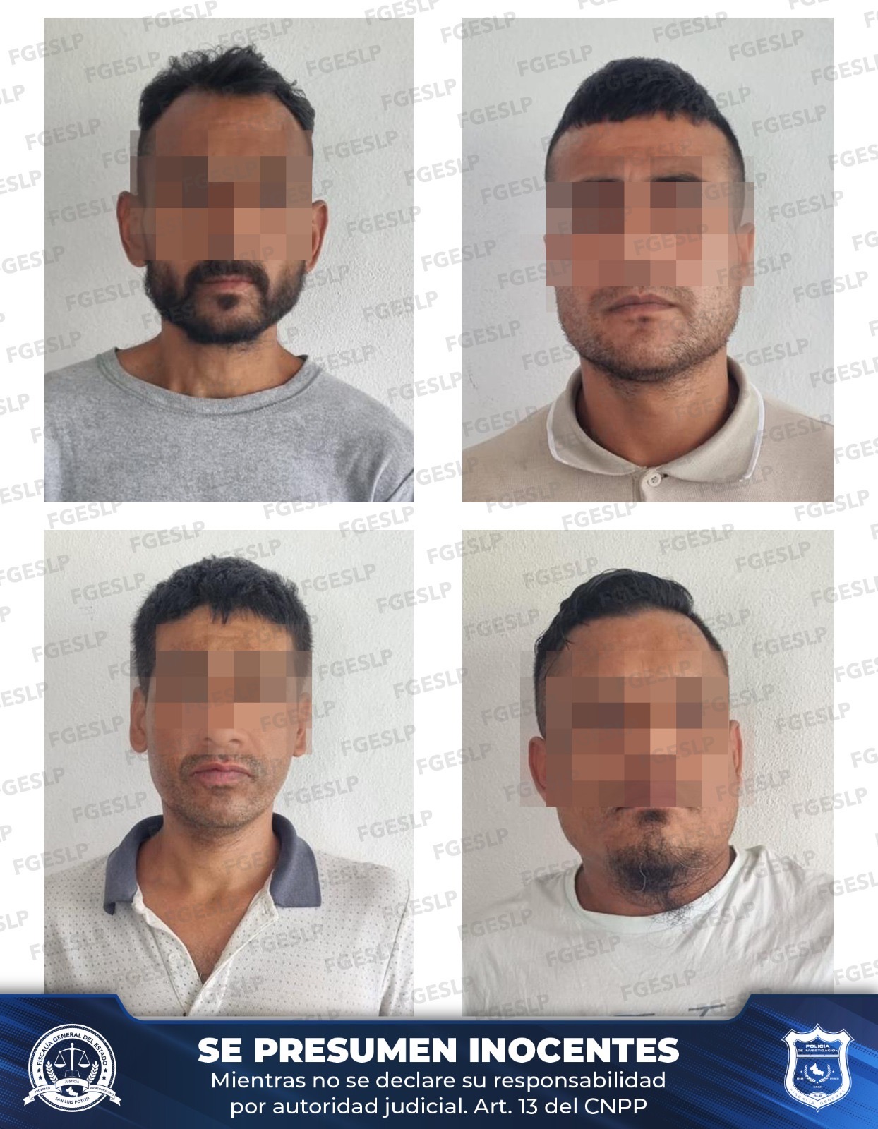 Imagen difundida por la FGESLP de cuatro hombres señalados por una investigación, con los rostros difuminados y la leyenda de presunción de inocencia.