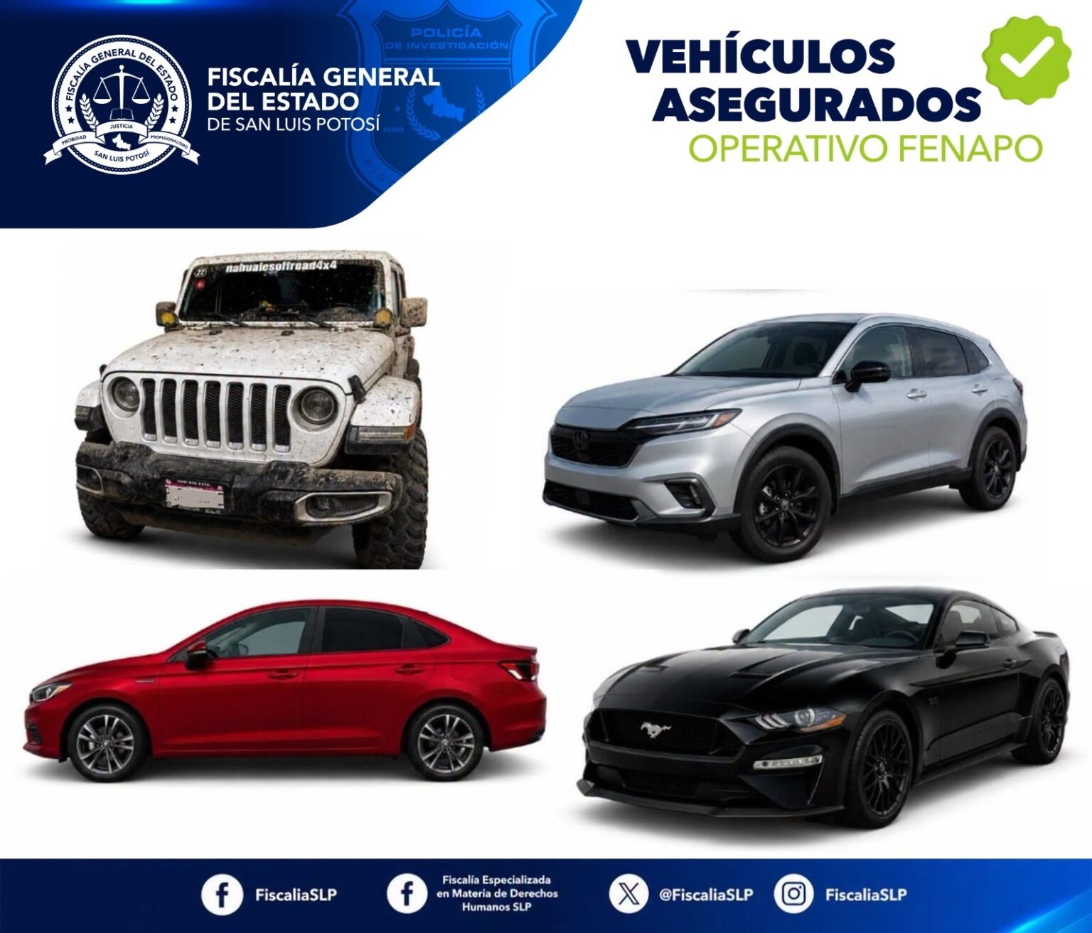 Gráfico de la Fiscalía General del Estado de San Luis Potosí sobre vehículos asegurados durante el operativo de la Fenapo.