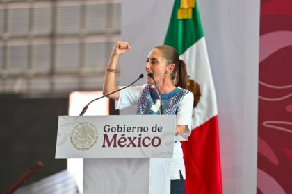 Claudia Sheinbaum durante la presentación de resultados de su gobierno en la Arena Potosí, San Luis Potosí.