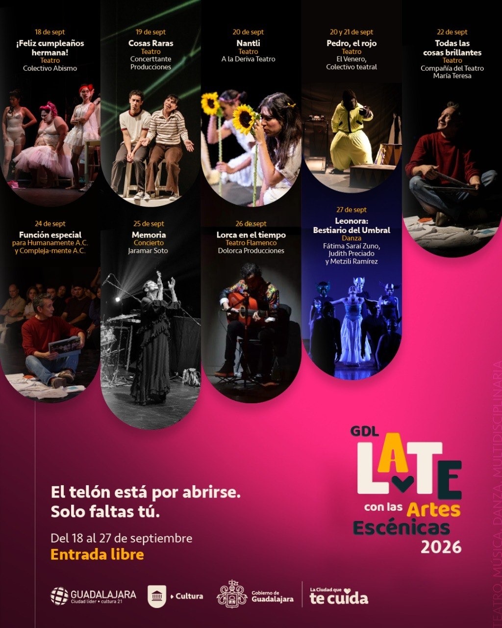 Cartel de Late con las Artes Escénicas 2026, con programación de teatro, danza y música en Guadalajara.