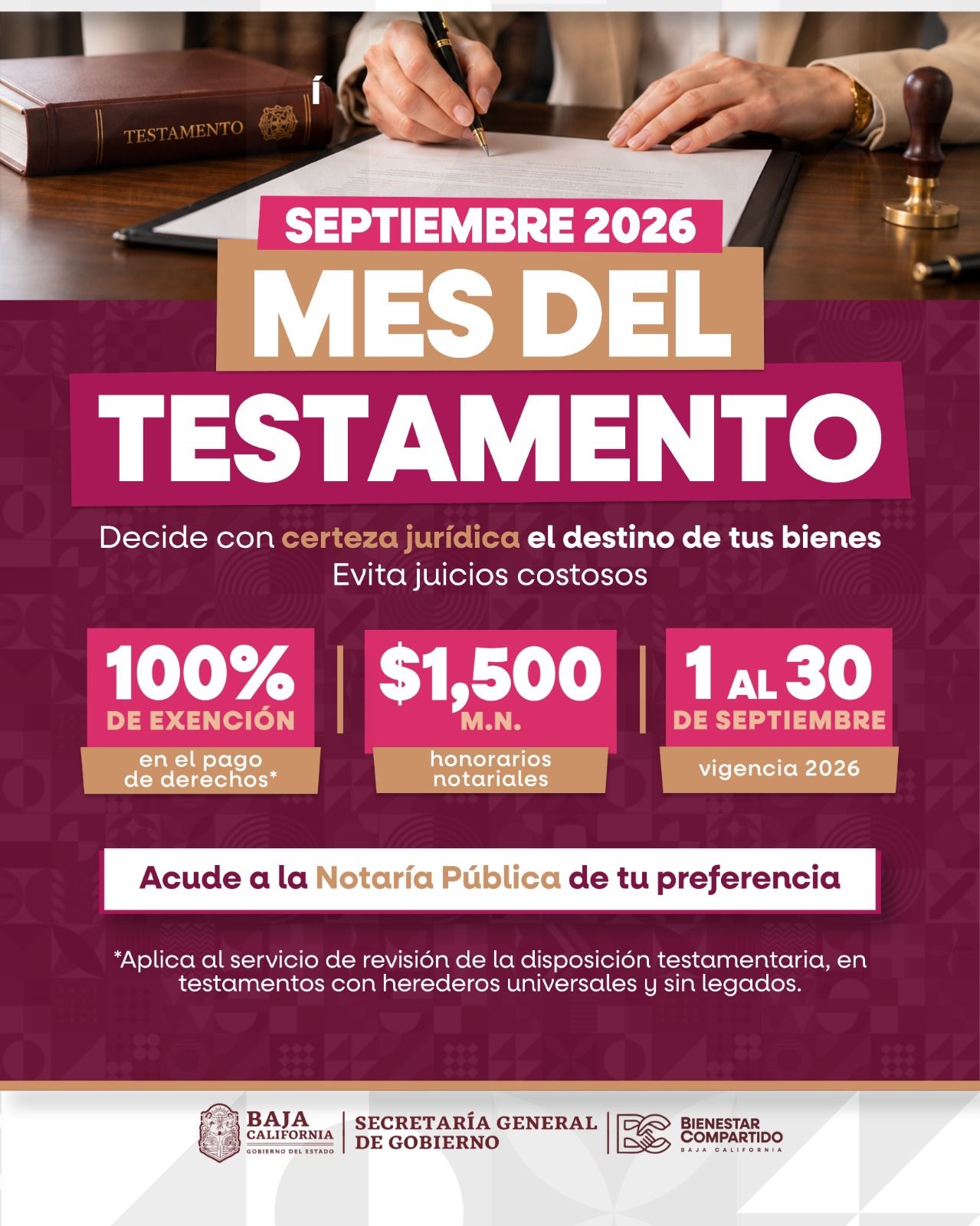 Cartel de la campaña Septiembre, Mes del Testamento 2026 del Gobierno de Baja California.