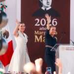 Claudia Sheinbaum Pardo y Marina del Pilar Avila Olmeda durante un acto público en Tijuana, Baja California.
