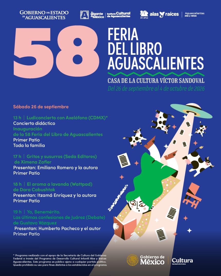 Cartel de la 58 Feria del Libro de Aguascalientes, programada del 26 de septiembre al 4 de octubre de 2026 en la Casa de la Cultura Víctor Sandoval.