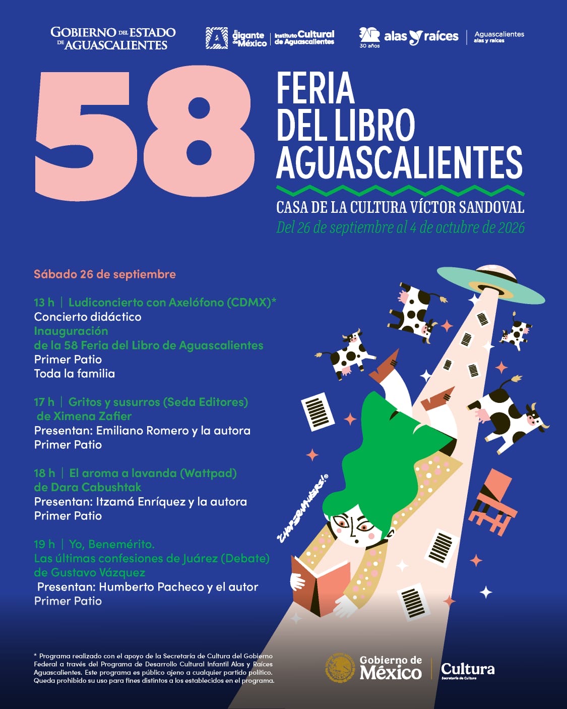 Cartel de la 58 Feria del Libro de Aguascalientes, programada del 26 de septiembre al 4 de octubre de 2026 en la Casa de la Cultura Víctor Sandoval.