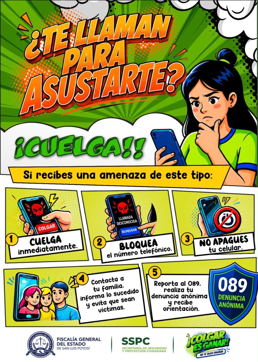 Infografía de la Fiscalía de San Luis Potosí con recomendaciones para prevenir la sextorsión y reportar al 089.