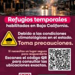 Gráfico del Gobierno de Baja California con información sobre refugios temporales habilitados ante lluvias y condiciones climatológicas adversas.