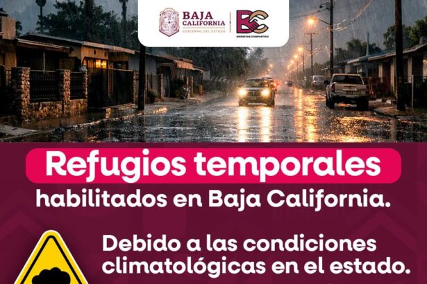 Gráfico del Gobierno de Baja California con información sobre refugios temporales habilitados ante lluvias y condiciones climatológicas adversas.