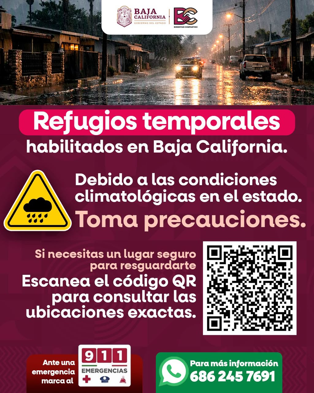 Gráfico del Gobierno de Baja California con información sobre refugios temporales habilitados ante lluvias y condiciones climatológicas adversas.