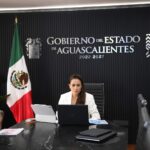 Tere Jiménez durante una reunión virtual de coordinación regional en materia de seguridad desde el Gobierno de Aguascalientes.
