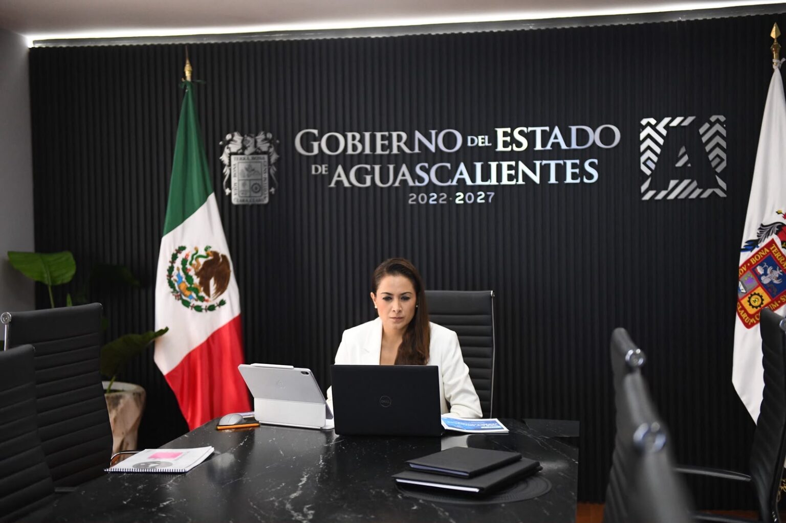 Tere Jiménez durante una reunión virtual de coordinación regional en materia de seguridad desde el Gobierno de Aguascalientes.