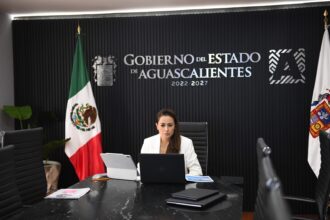 Tere Jiménez durante una reunión virtual de coordinación regional en materia de seguridad desde el Gobierno de Aguascalientes.