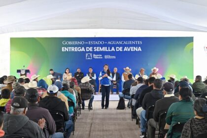 Entrega de semilla de avena a productores de Aguascalientes durante un evento en Rincón de Romos.