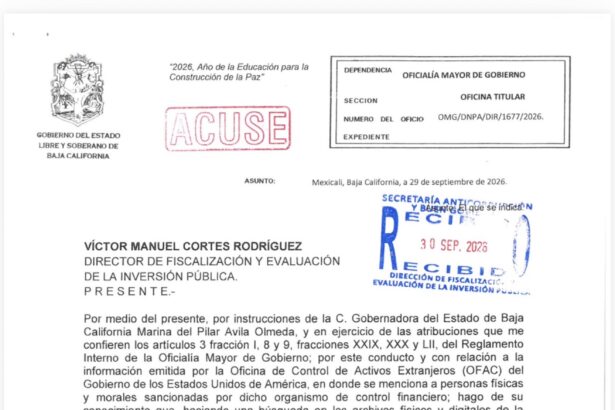 Oficio de la Oficialía Mayor del Gobierno de Baja California relacionado con la revisión de contrataciones tras información de la OFAC.