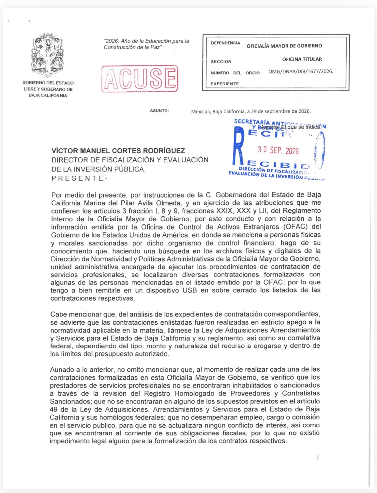 Oficio de la Oficialía Mayor del Gobierno de Baja California relacionado con la revisión de contrataciones tras información de la OFAC.