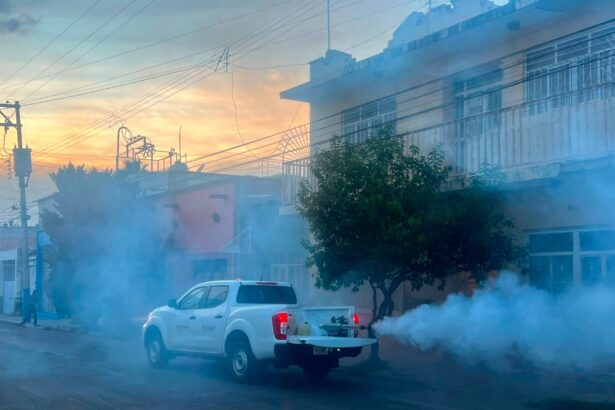 Vehículo de la Secretaría de Salud realiza una jornada de nebulización contra el mosquito transmisor del dengue en Aguascalientes.