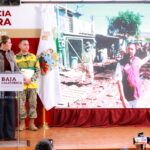 Marina del Pilar Ávila Olmeda durante una conferencia sobre la atención a las familias afectadas por Rachel en Baja California.