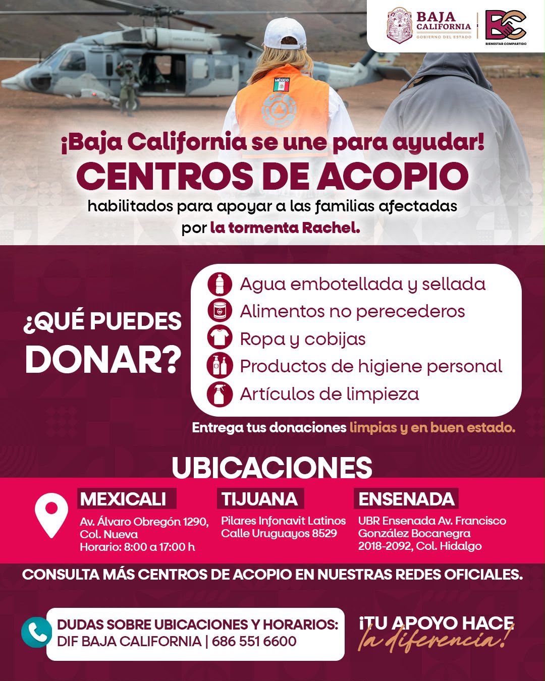 Cartel del Gobierno de Baja California con información sobre centros de acopio para apoyar a familias afectadas por las lluvias.