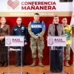 Marina del Pilar Ávila Olmeda durante una conferencia sobre la atención a las afectaciones ocasionadas por Rachel en Baja California.