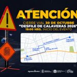 Aviso de cierres viales en Aguascalientes por el Desfile de Calaveras 2026 del 30 de octubre, con mapa del recorrido