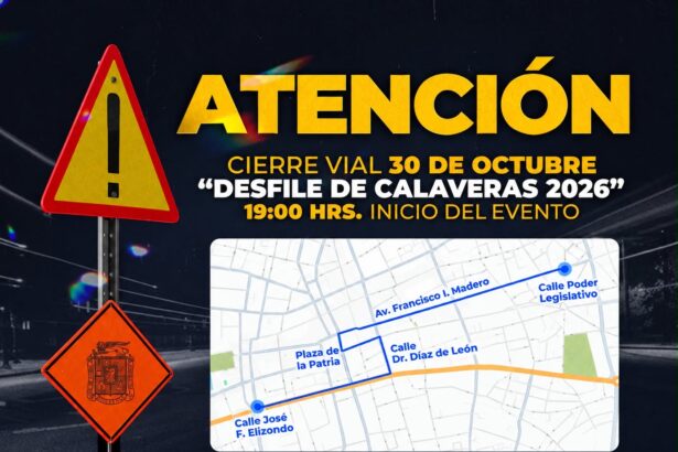 Aviso de cierres viales en Aguascalientes por el Desfile de Calaveras 2026 del 30 de octubre, con mapa del recorrido