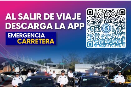 Cartel de la Secretaría de Seguridad Pública de Aguascalientes que promociona la app Emergencia Carretera y muestra un código QR