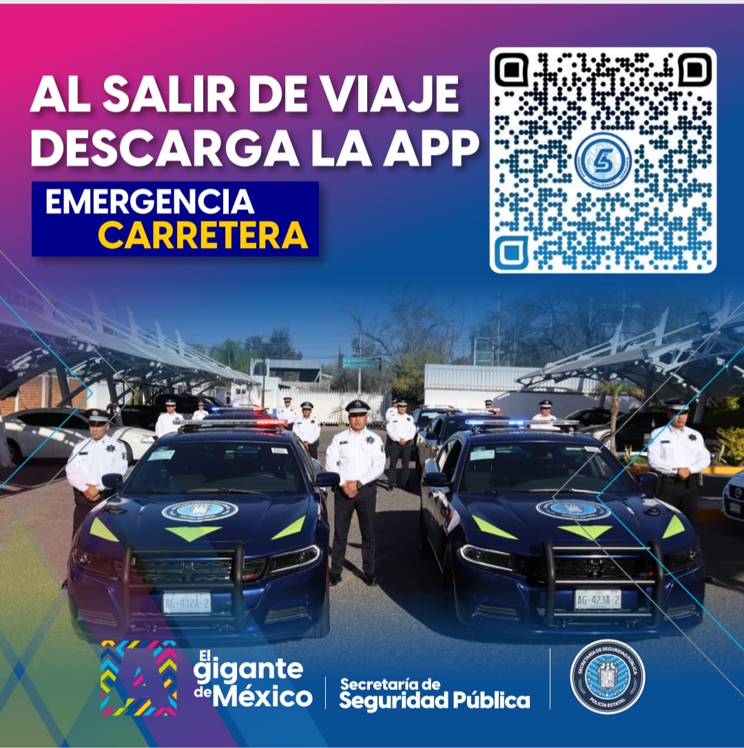 Cartel de la Secretaría de Seguridad Pública de Aguascalientes que promociona la app Emergencia Carretera y muestra un código QR